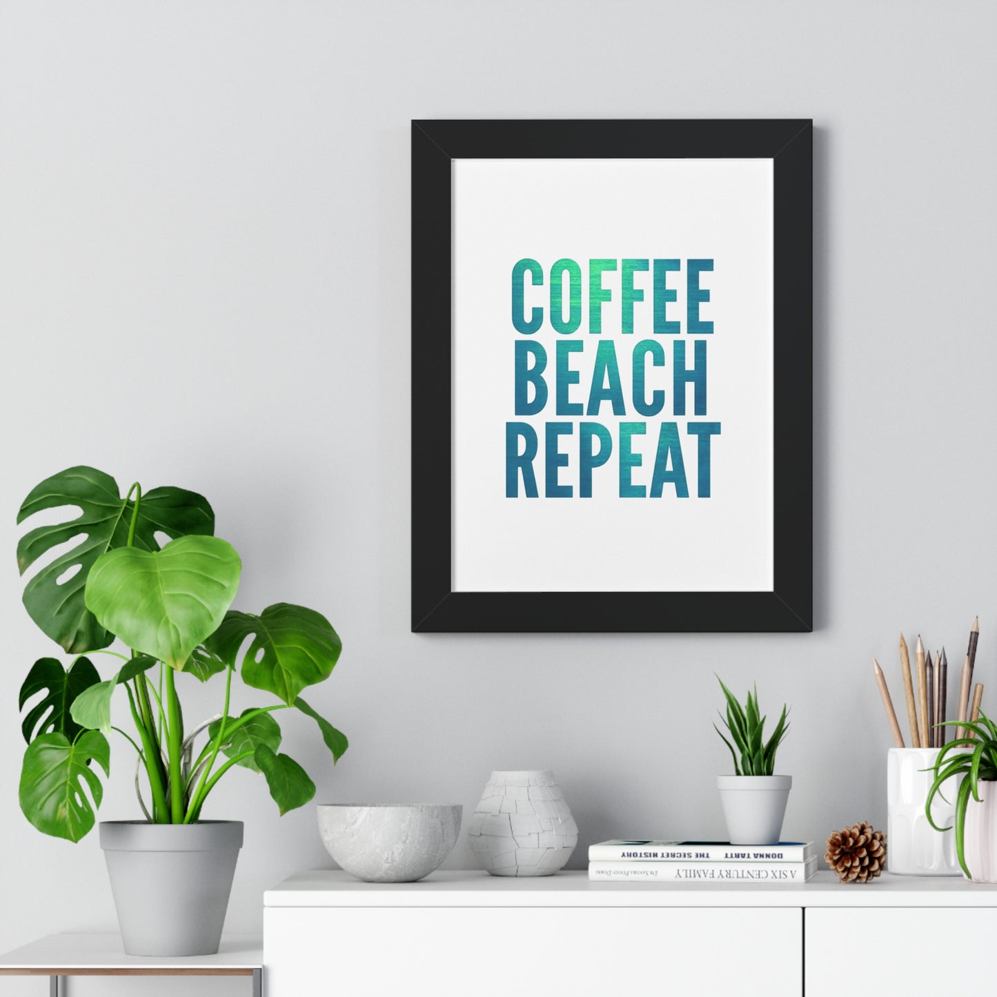 Coffee Beach Repeat Framed Vertical Poster | Coastal Home Decor