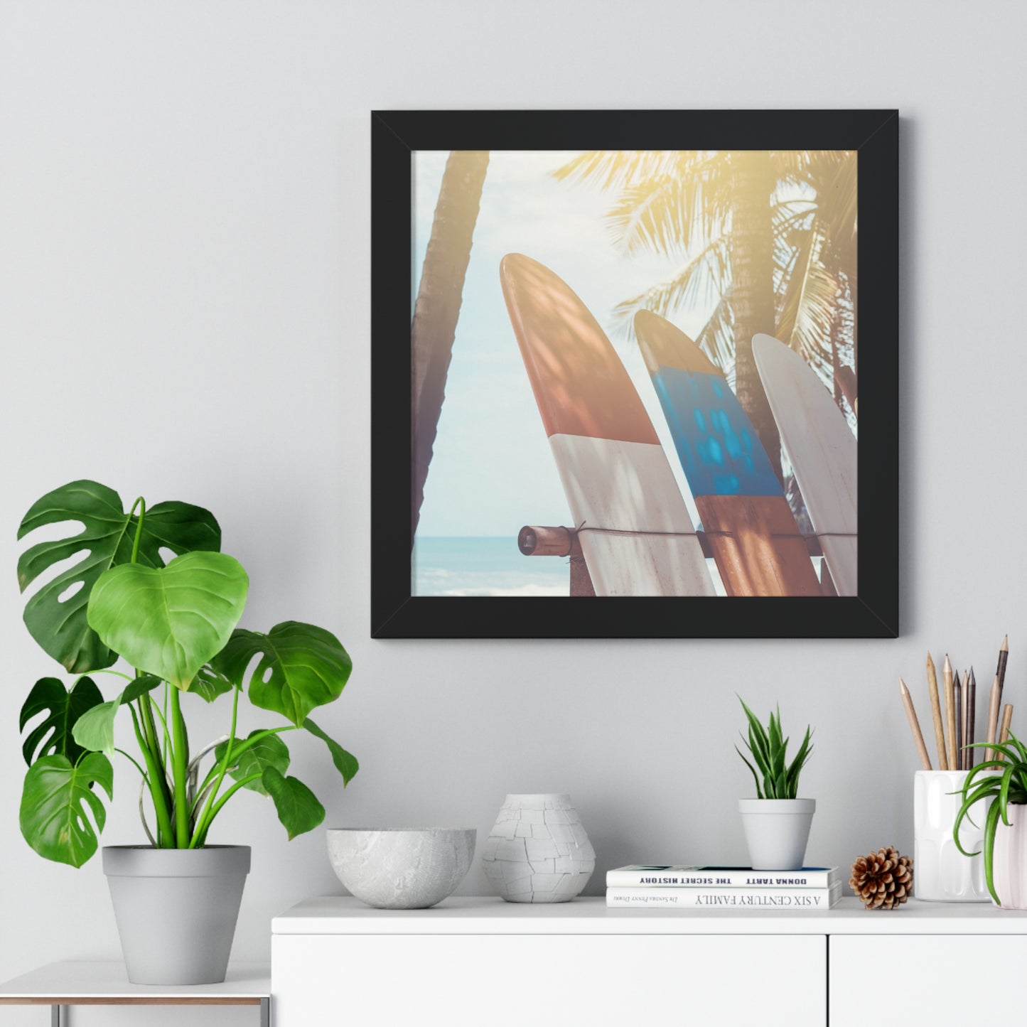Beach Vibe Framed Vertical Poster, Surfboard Art, Coastal Wall Decor, Ocean Breeze Print, Perfect for Home, Summer Aesthetic