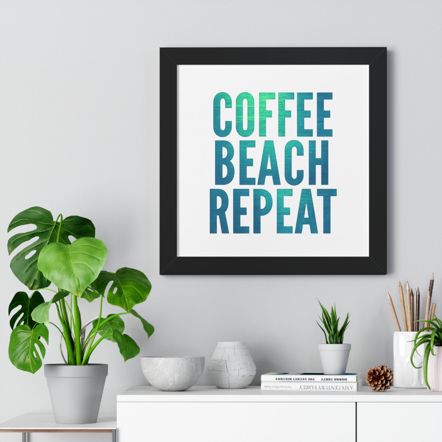 Coffee Beach Repeat Framed Vertical Poster | Coastal Home Decor