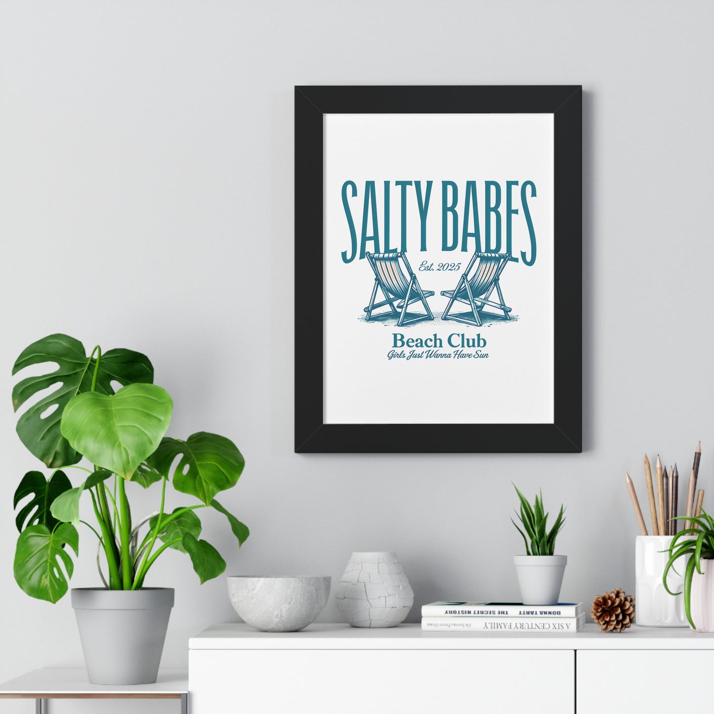 Salty Babes Beach Club Framed Vertical Poster - Coastal Decor for Beach Lovers
