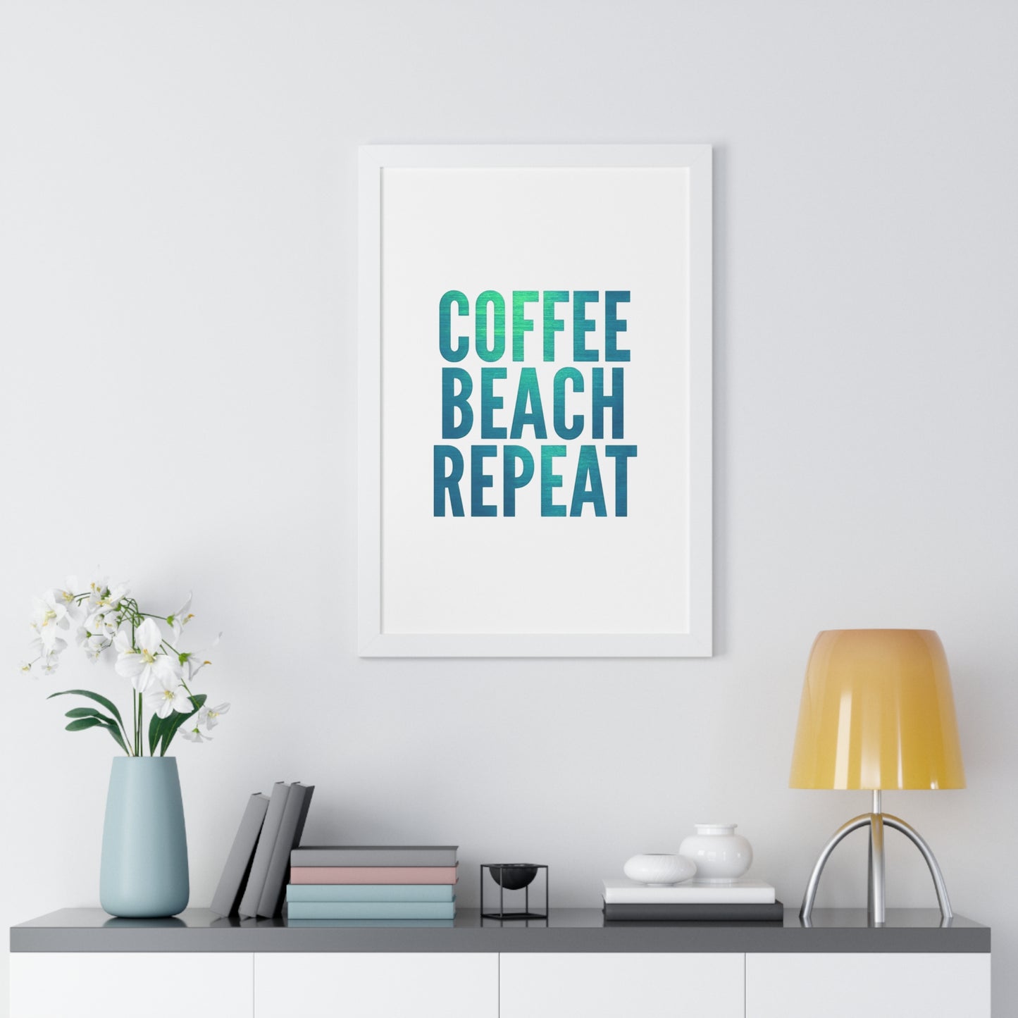 Coffee Beach Repeat Framed Vertical Poster | Coastal Home Decor