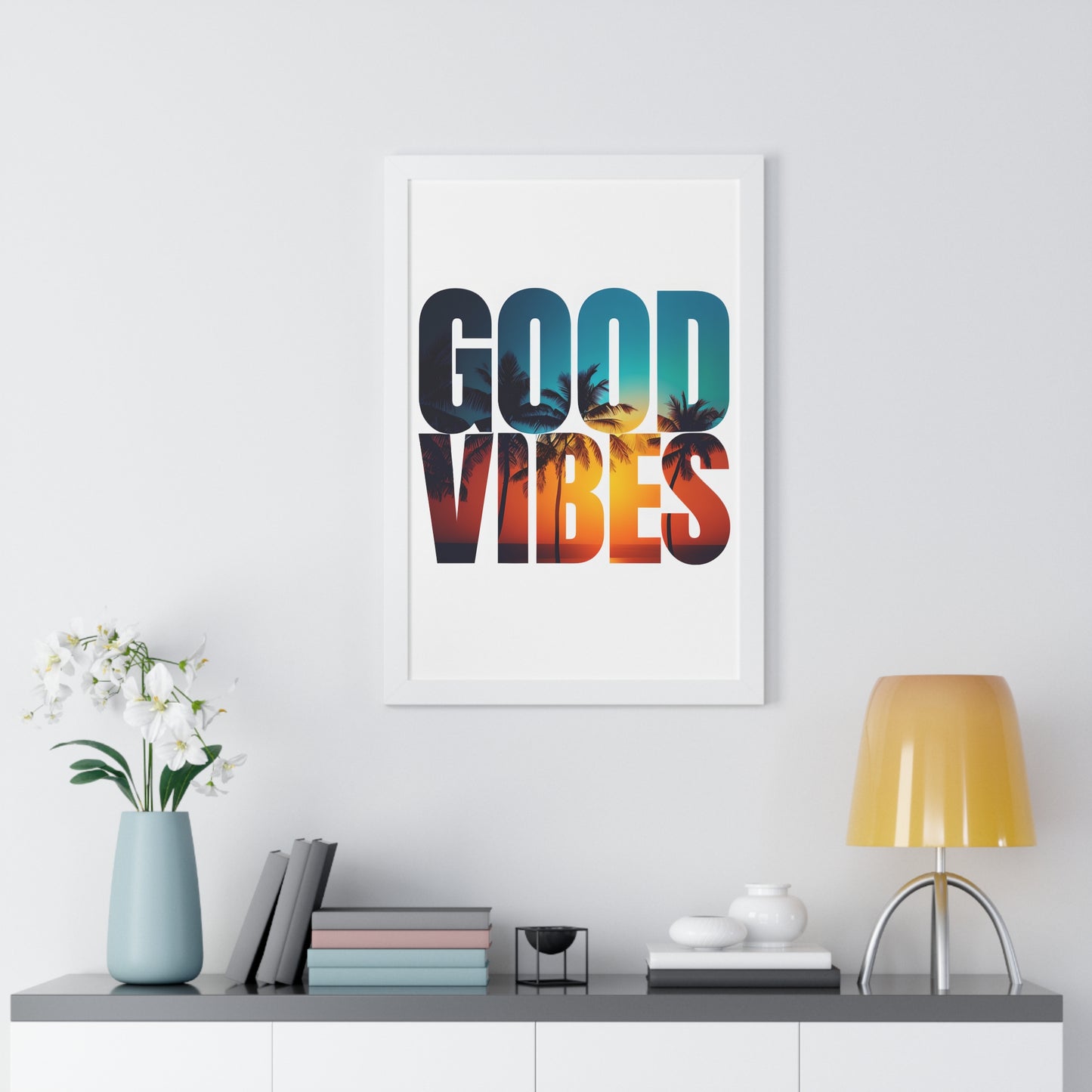 "Good Vibes" Tropical Sunset Framed Poster