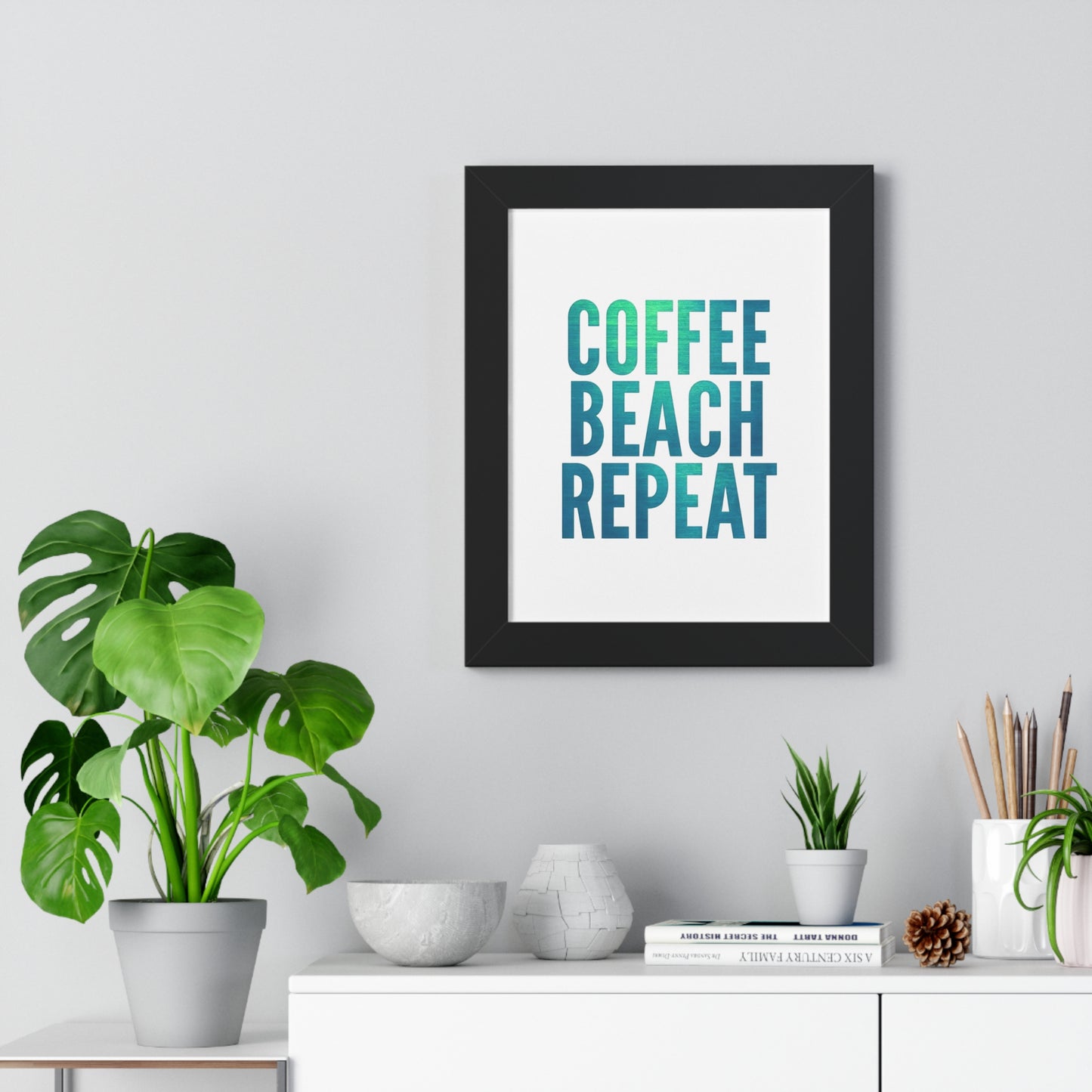 Coffee Beach Repeat Framed Vertical Poster | Coastal Home Decor