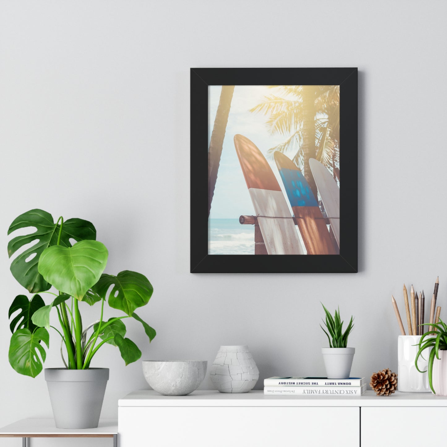 Beach Vibe Framed Vertical Poster, Surfboard Art, Coastal Wall Decor, Ocean Breeze Print, Perfect for Home, Summer Aesthetic