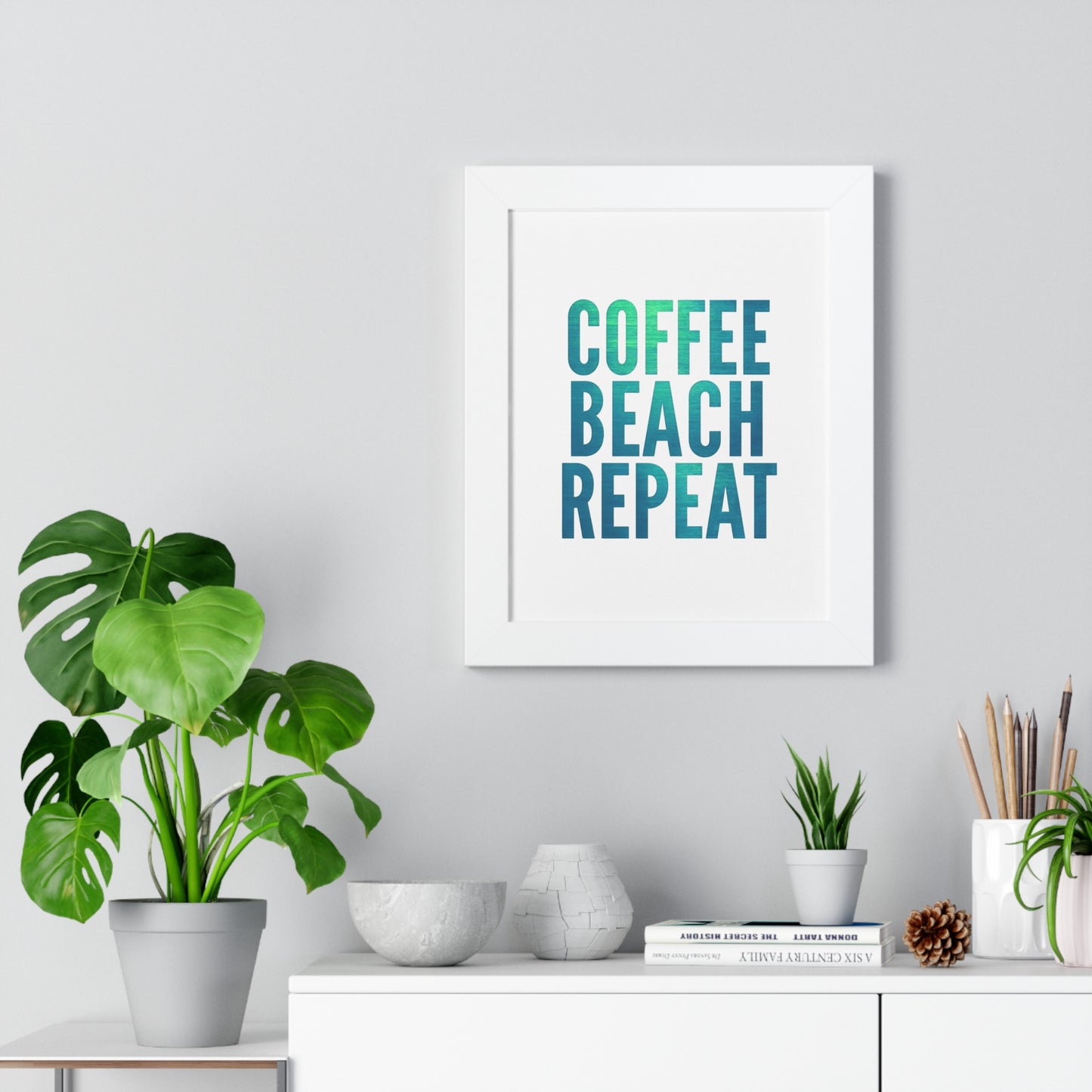 Coffee Beach Repeat Framed Vertical Poster | Coastal Home Decor
