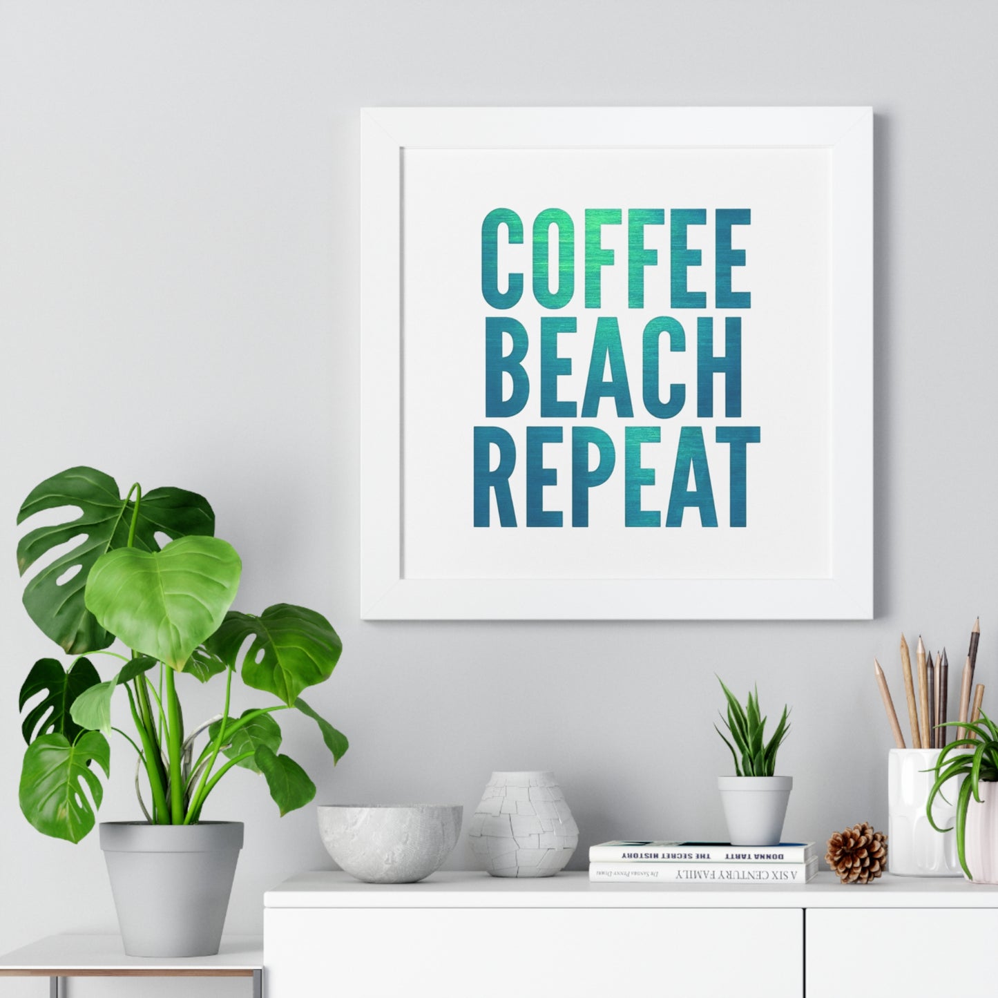 Coffee Beach Repeat Framed Vertical Poster | Coastal Home Decor