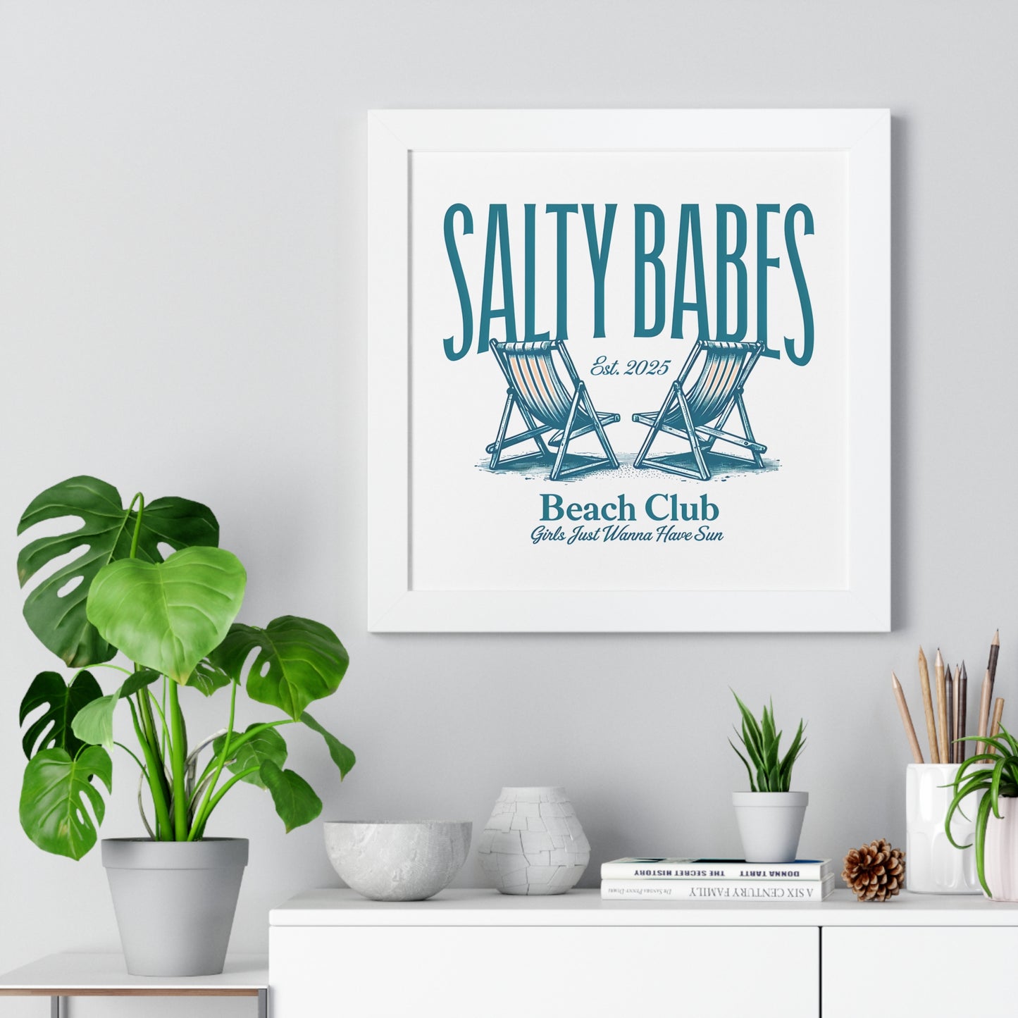 Salty Babes Beach Club Framed Vertical Poster - Coastal Decor for Beach Lovers