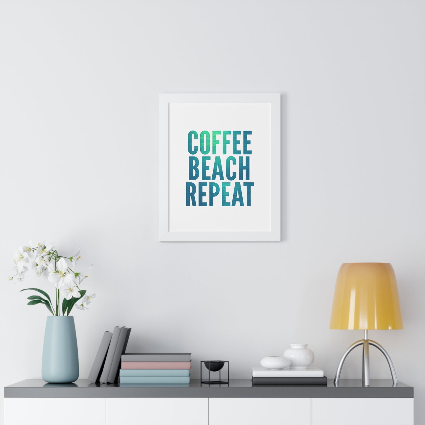 Coffee Beach Repeat Framed Vertical Poster | Coastal Home Decor