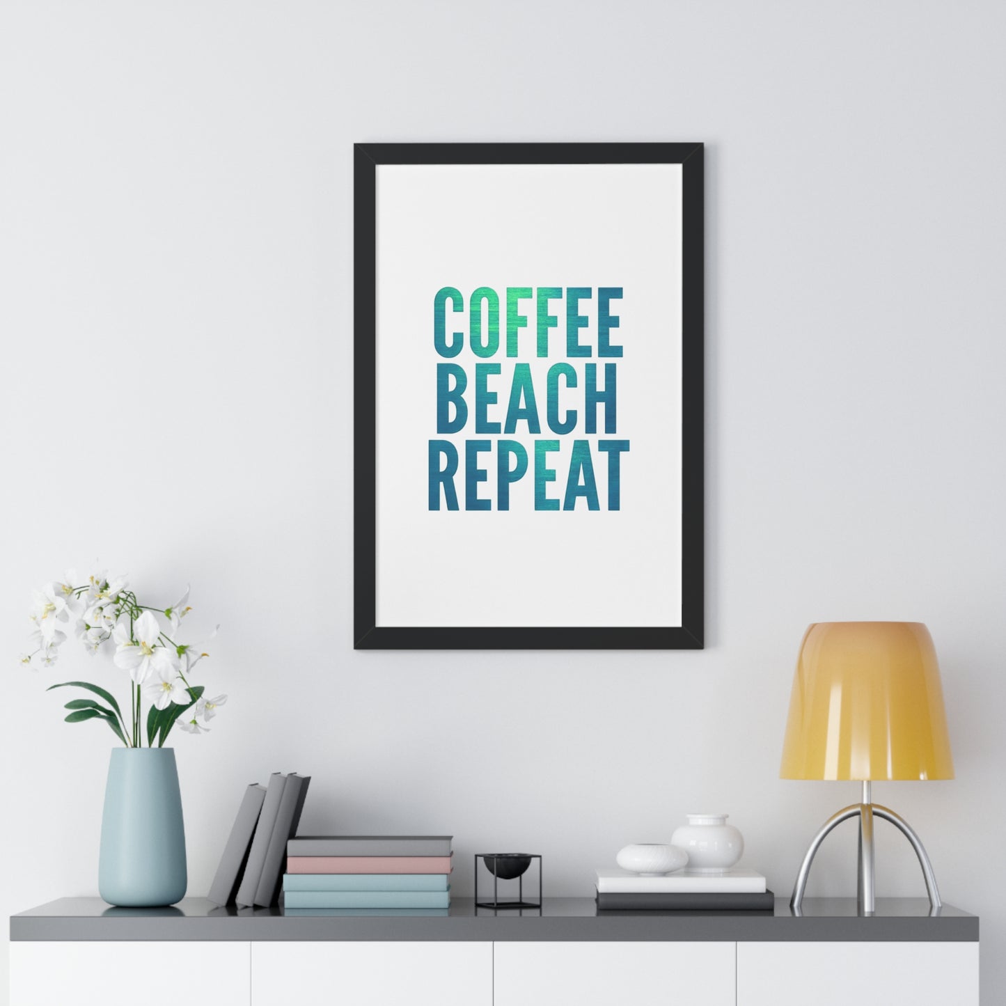 Coffee Beach Repeat Framed Vertical Poster | Coastal Home Decor