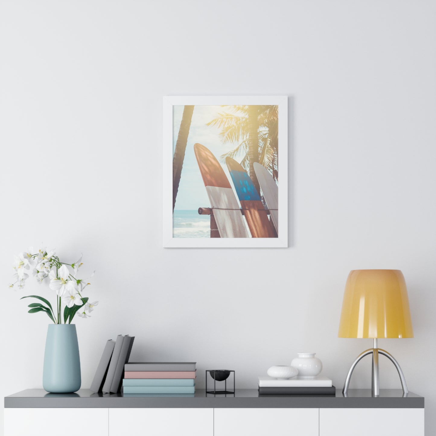 Beach Vibe Framed Vertical Poster, Surfboard Art, Coastal Wall Decor, Ocean Breeze Print, Perfect for Home, Summer Aesthetic
