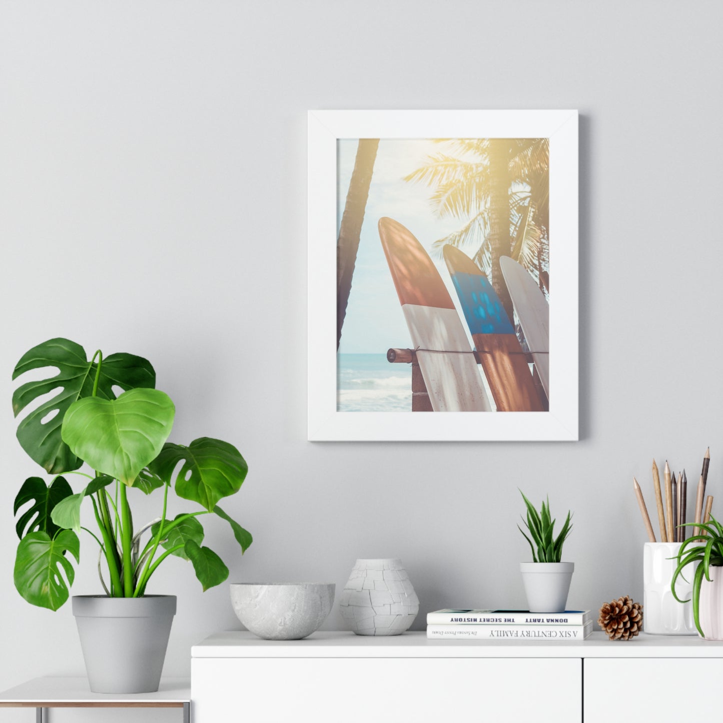 Beach Vibe Framed Vertical Poster, Surfboard Art, Coastal Wall Decor, Ocean Breeze Print, Perfect for Home, Summer Aesthetic