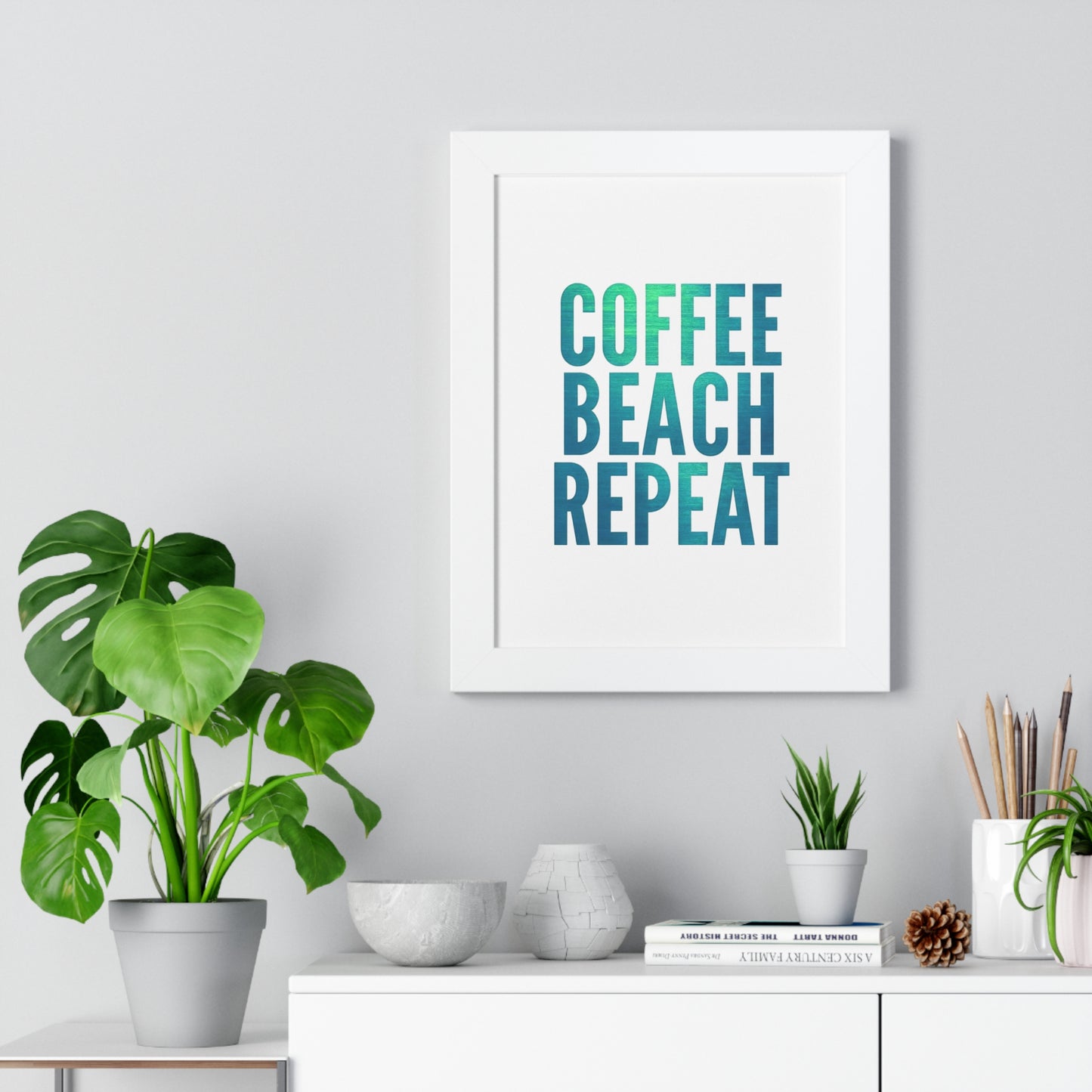 Coffee Beach Repeat Framed Vertical Poster | Coastal Home Decor