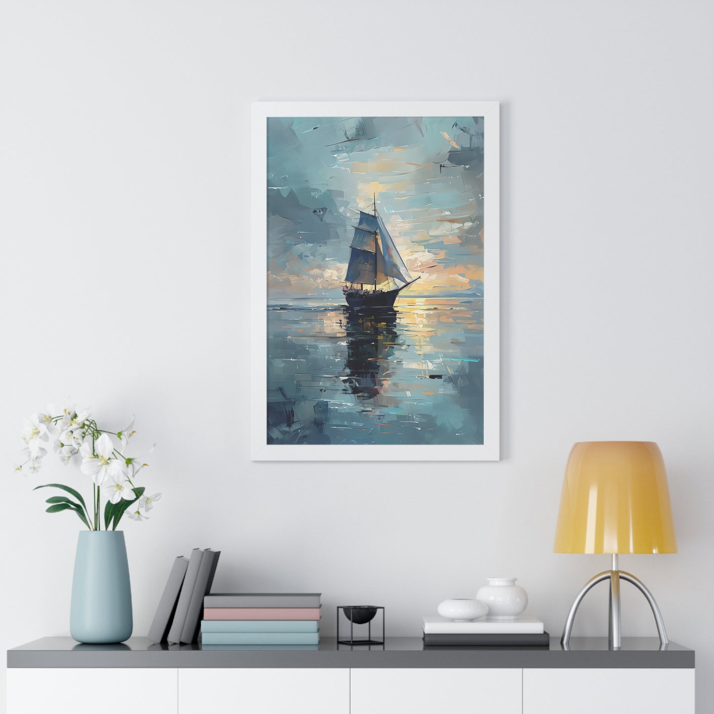 Single Sailboat Sunset Framed Poster