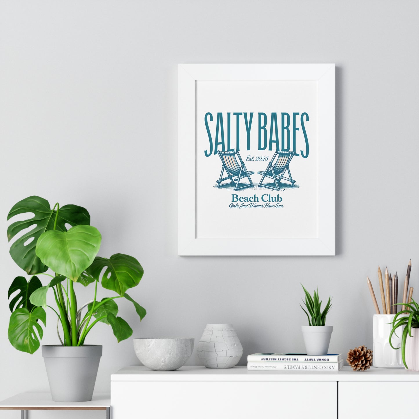 Salty Babes Beach Club Framed Vertical Poster - Coastal Decor for Beach Lovers