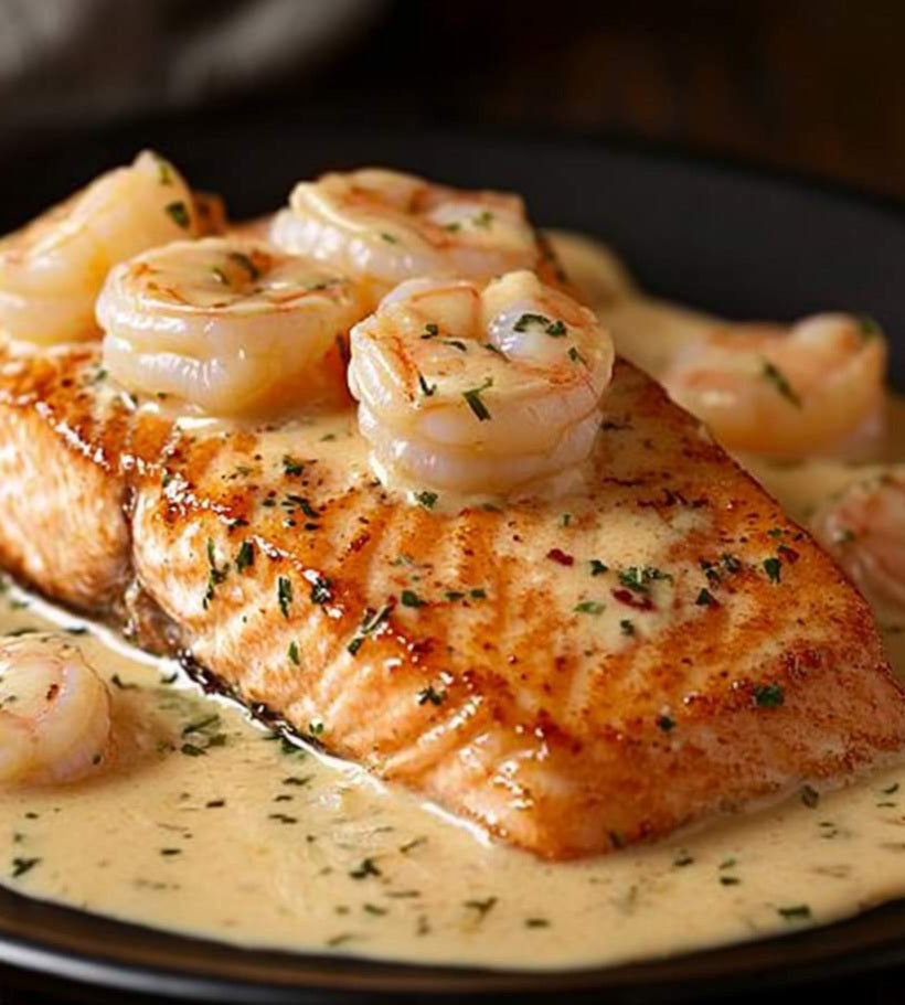 Salmon and Shrimp with Creamy Garlic Sauce