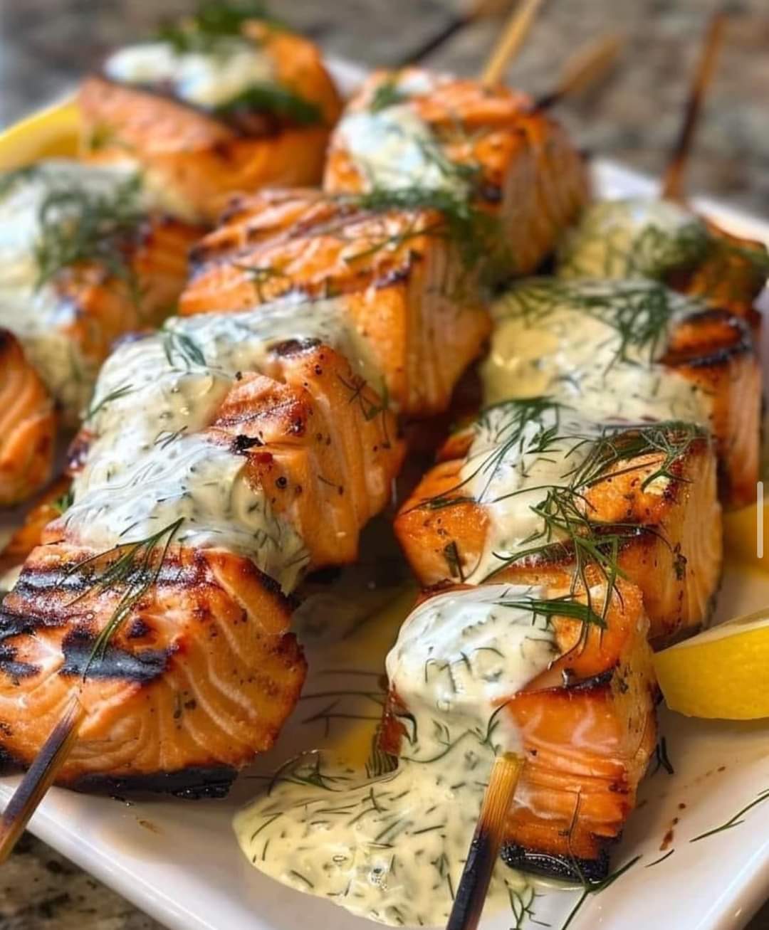 Grilled Salmon Skewers with Creamy Dill Yogurt Sauce