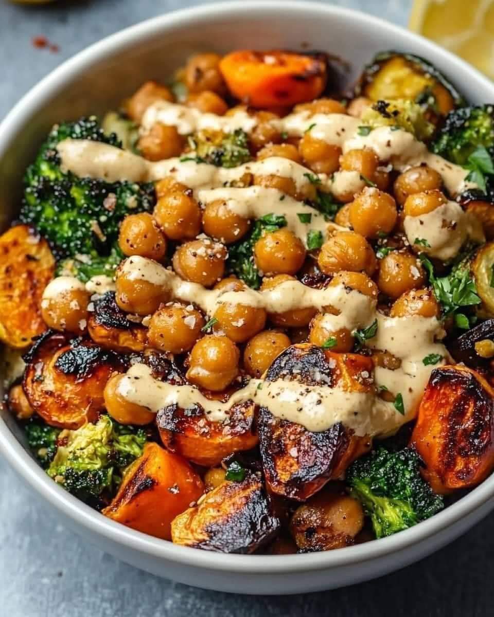 Roasted Vegetable & Chickpea Bowl with Tahini Dressing – Kimberly ...