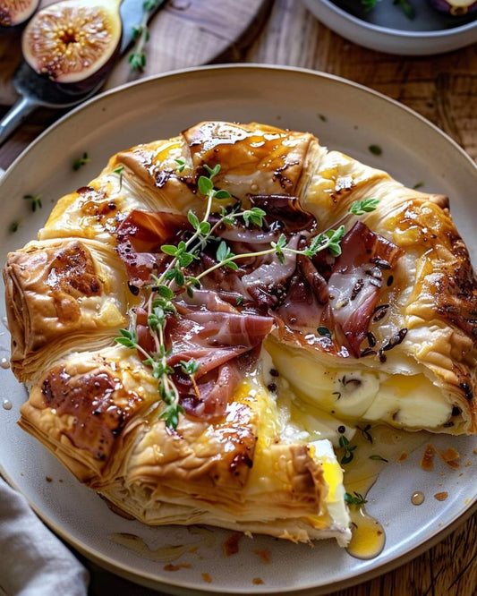 Baked Brie in Puffed Pastry with Honey, Fig and Prosciutto