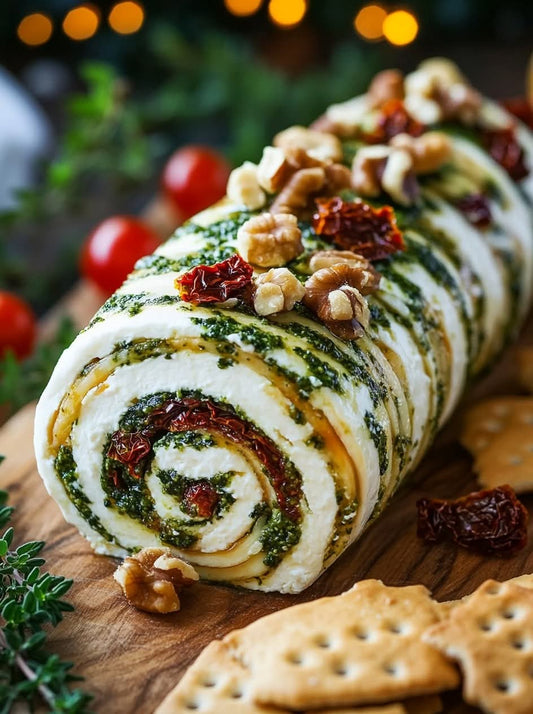 Cheese Log with Pesto and Sun Dried Tomatoes