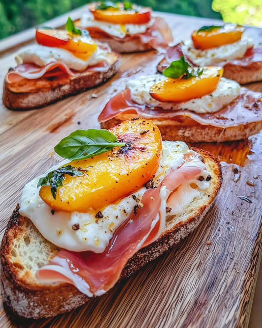 Cheesy Burrata Crostini with Prosciutto and Peaches