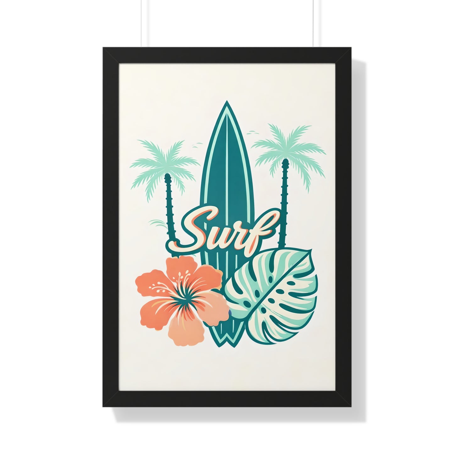 Surf Tropical Framed Poster — Retro Surfboard & Hibiscus Wall Art