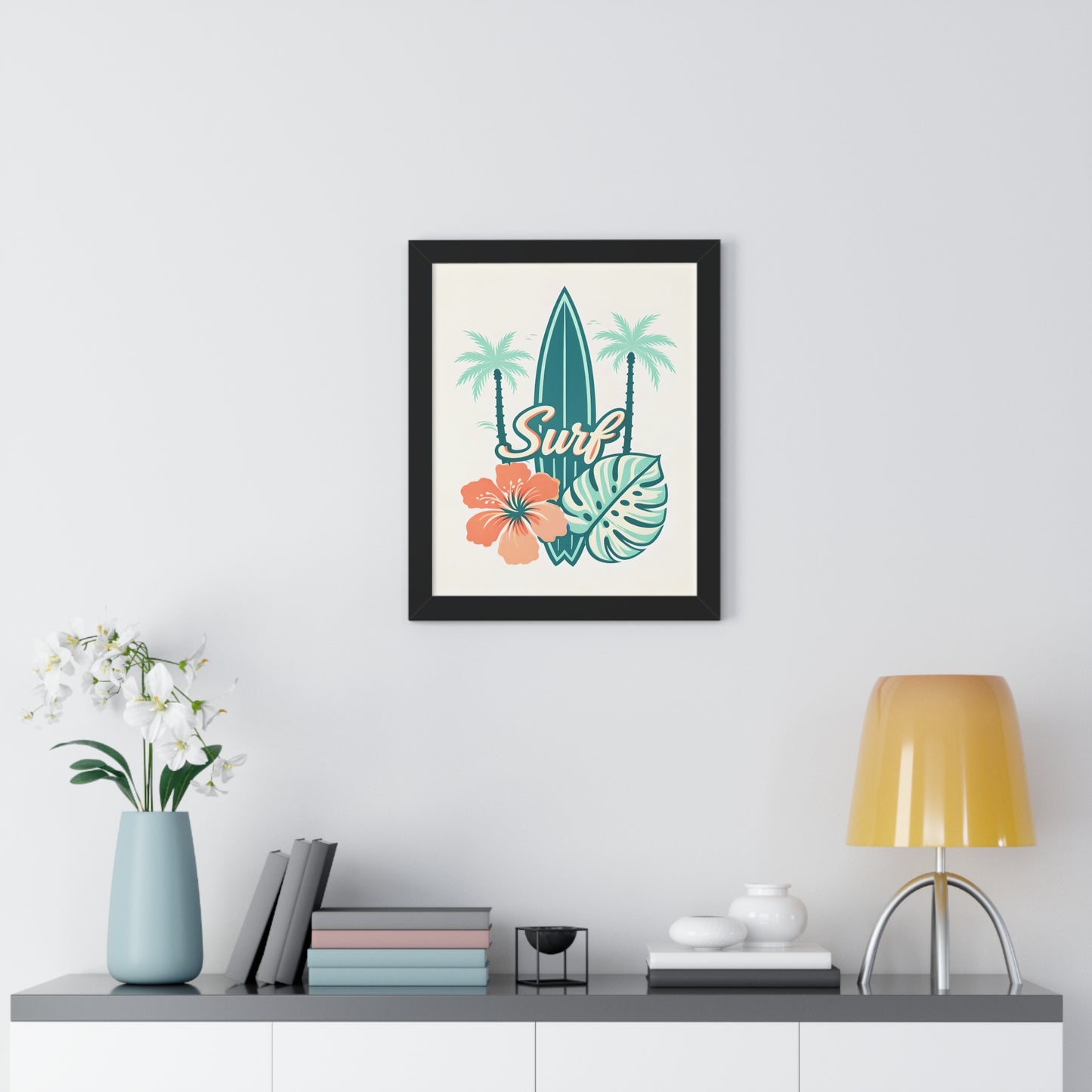 Surf Tropical Framed Poster — Retro Surfboard & Hibiscus Wall Art
