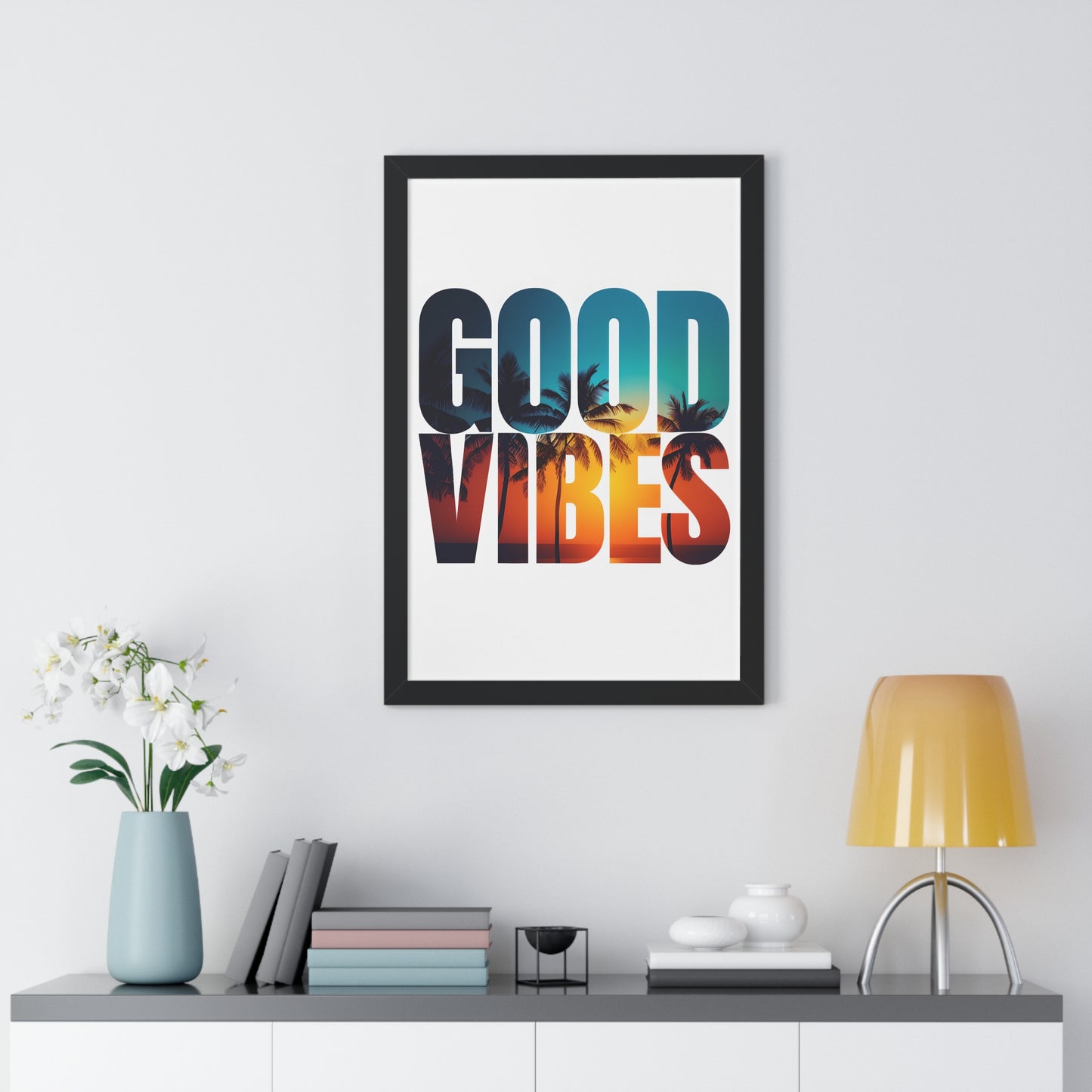 "Good Vibes" Tropical Sunset Framed Poster
