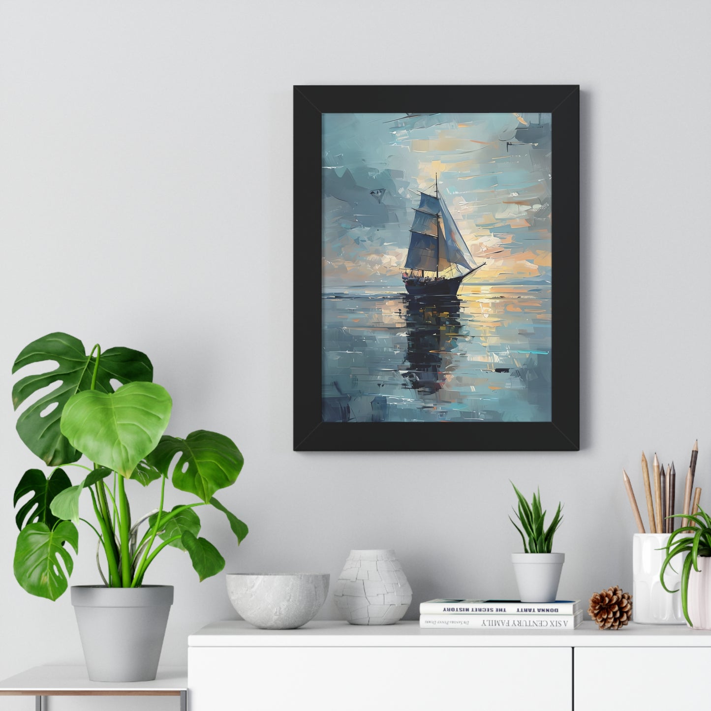 Single Sailboat Sunset Framed Poster