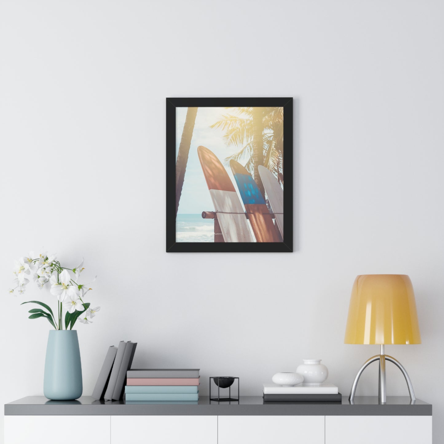 Beach Vibe Framed Vertical Poster, Surfboard Art, Coastal Wall Decor, Ocean Breeze Print, Perfect for Home, Summer Aesthetic