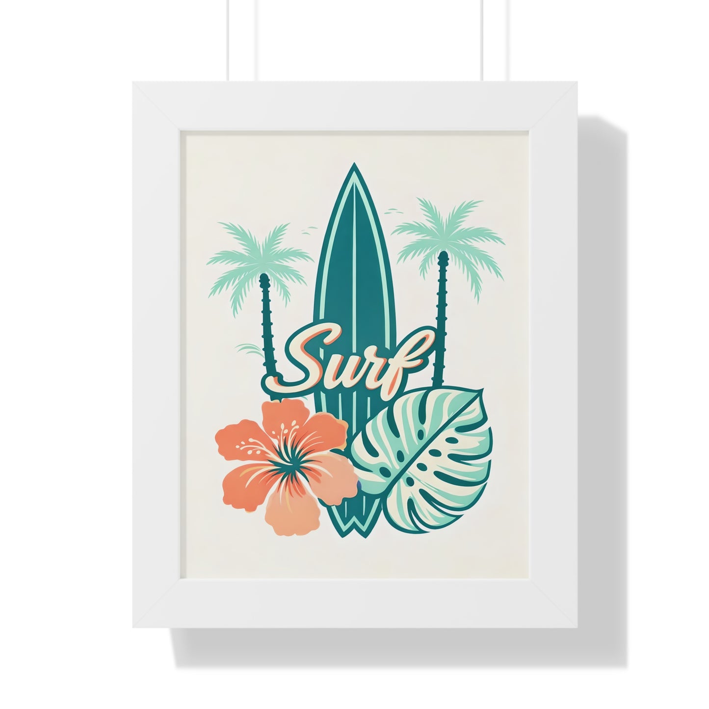 Surf Tropical Framed Poster — Retro Surfboard & Hibiscus Wall Art