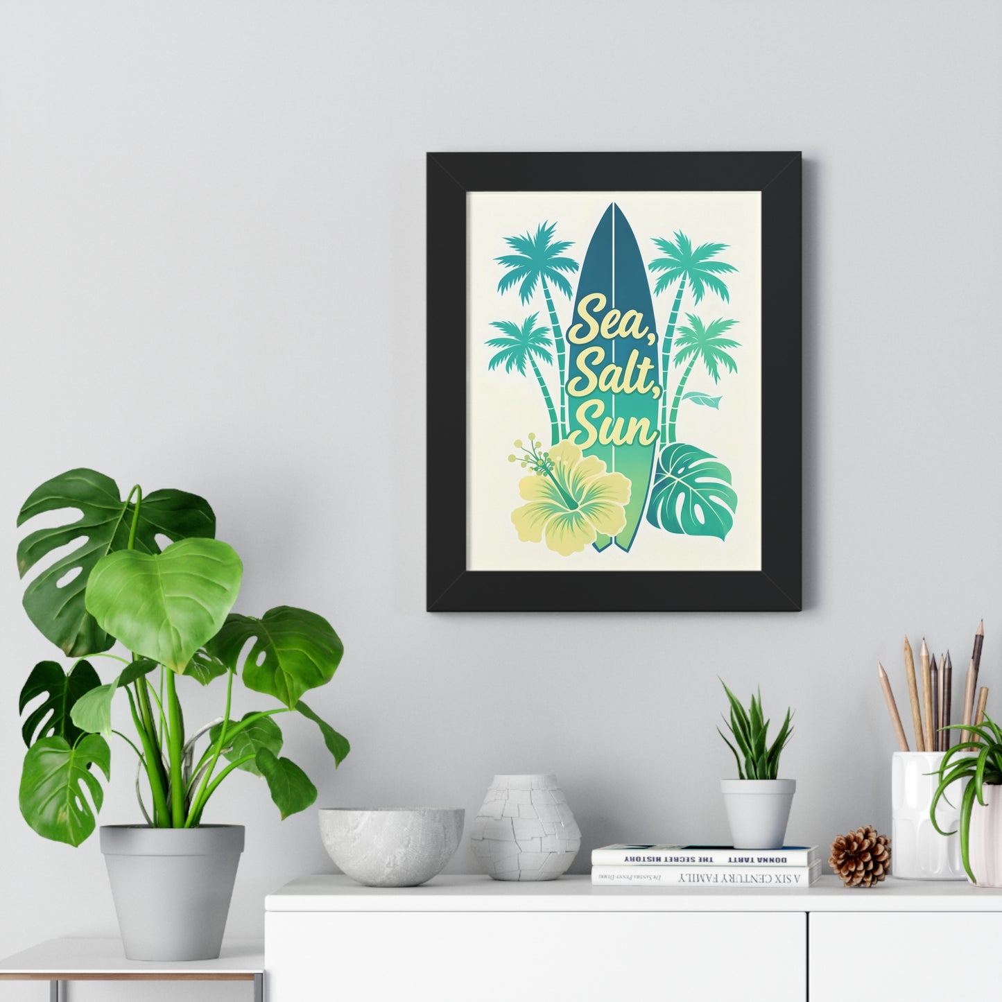 "Sea, Salt, Sun" Tropical Surf Framed Poster