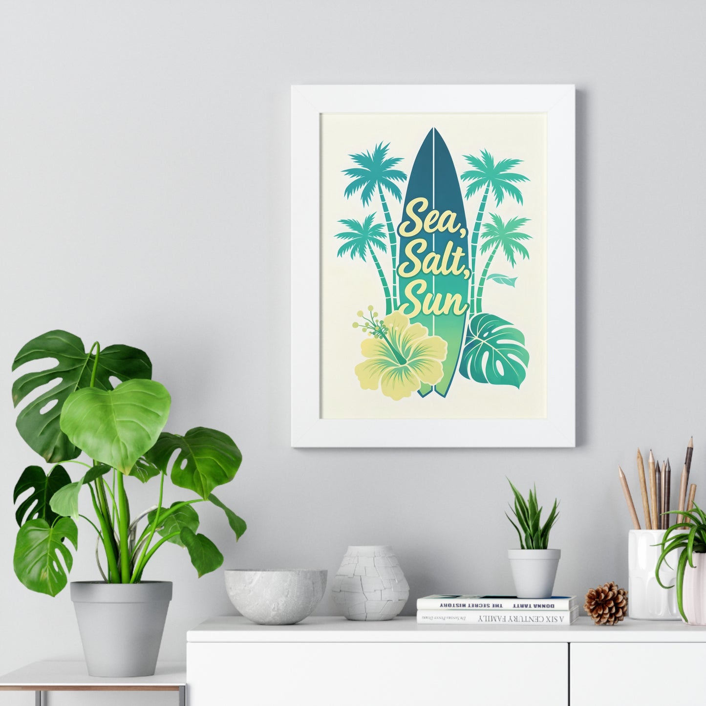 "Sea, Salt, Sun" Tropical Surf Framed Poster