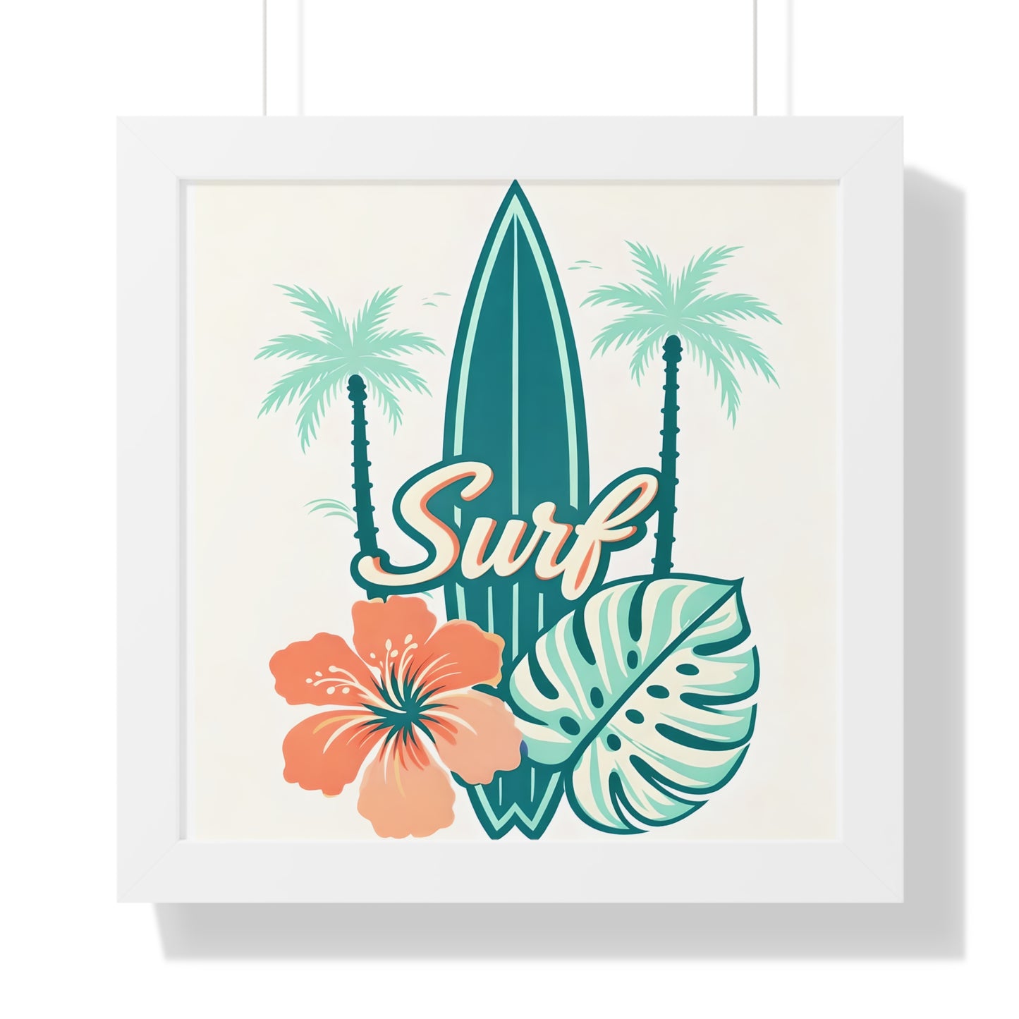 Surf Tropical Framed Poster — Retro Surfboard & Hibiscus Wall Art