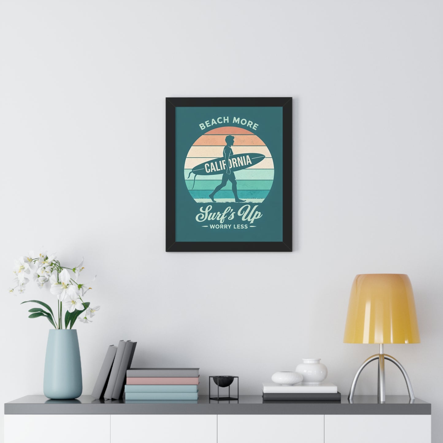 "Surf's Up, Worry Less" California Beach Art Framed Poster