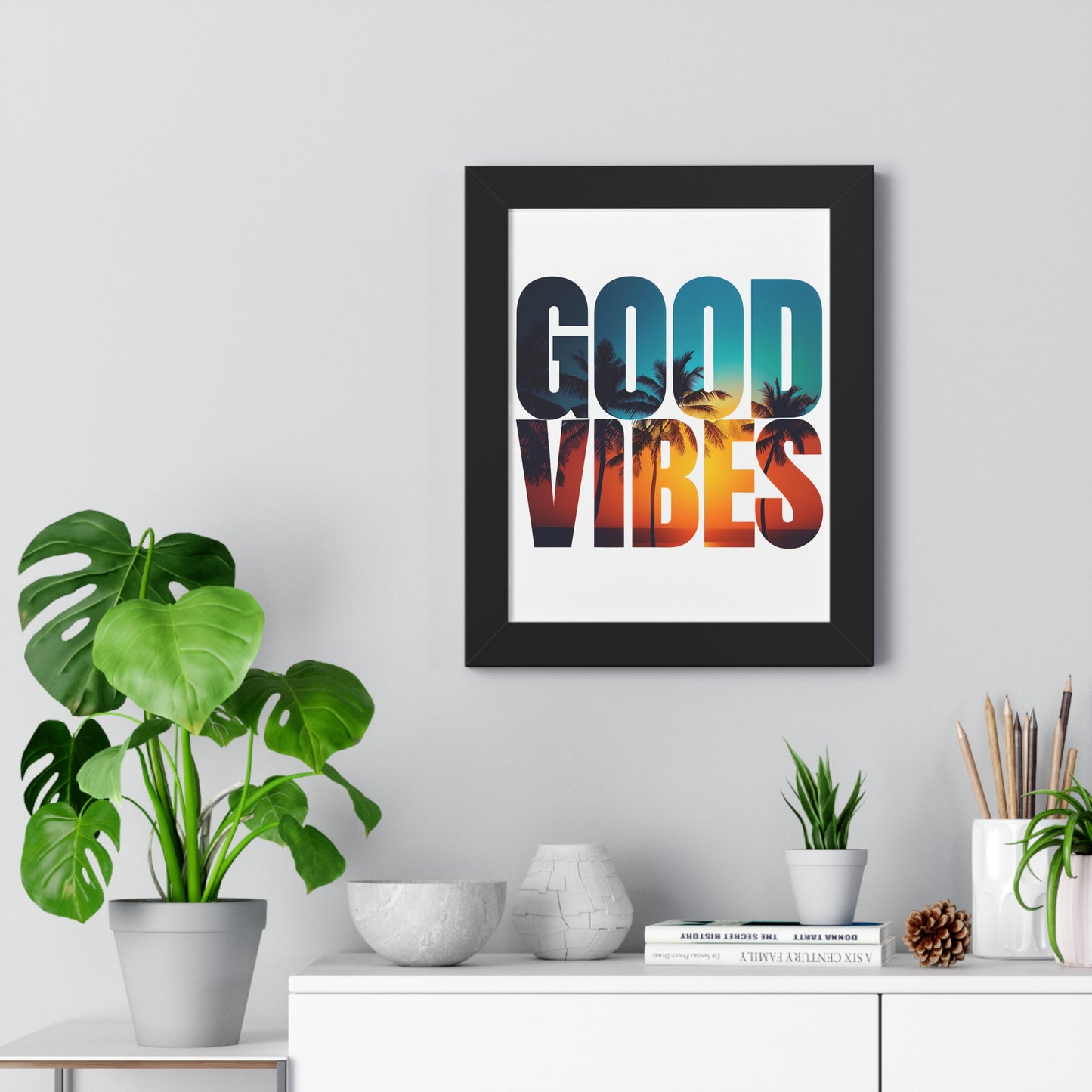 "Good Vibes" Tropical Sunset Framed Poster