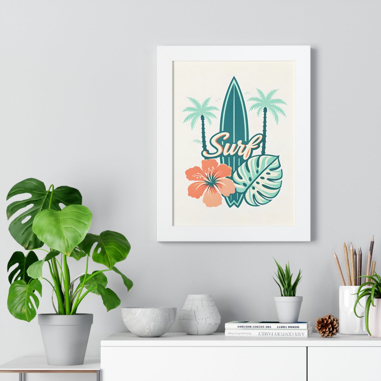 Surf Tropical Framed Poster — Retro Surfboard & Hibiscus Wall Art