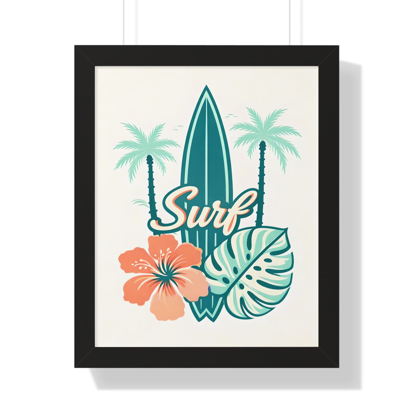 Surf Tropical Framed Poster — Retro Surfboard & Hibiscus Wall Art