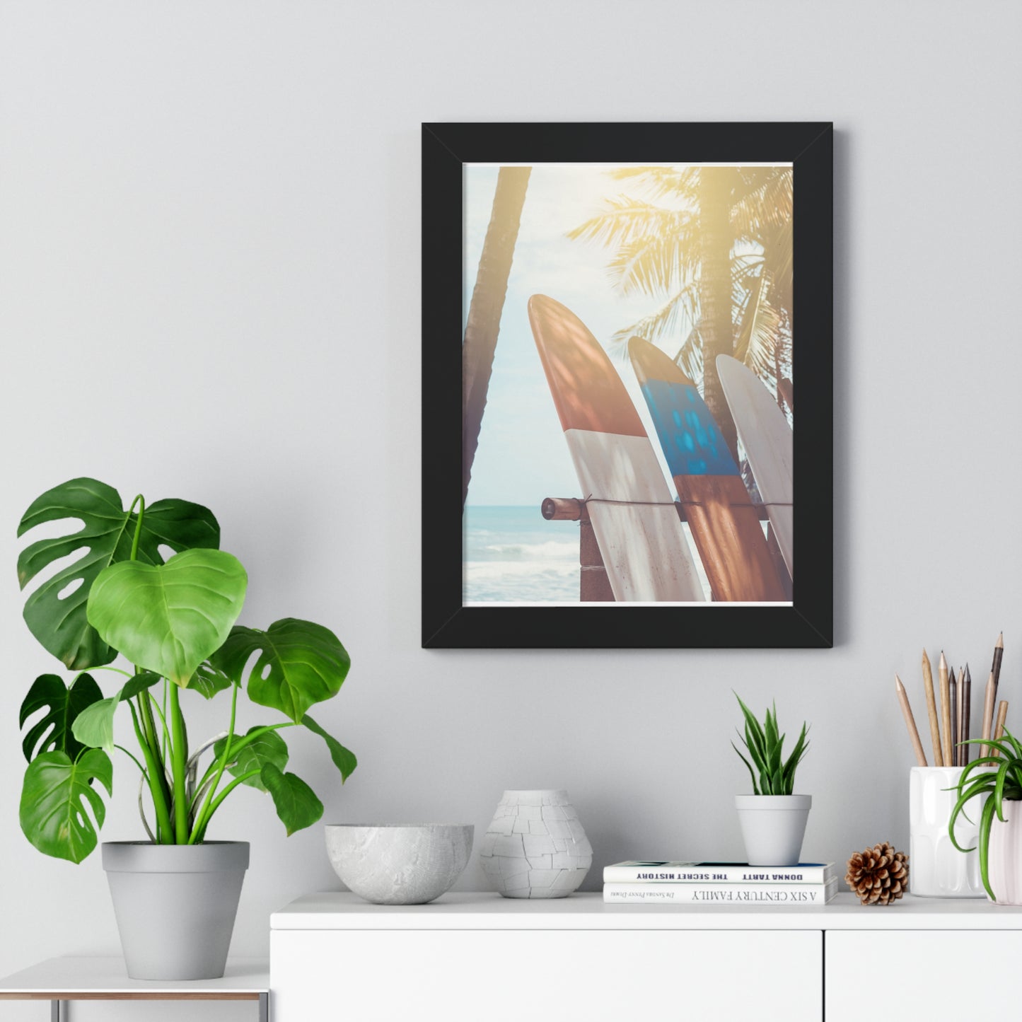 Beach Vibe Framed Vertical Poster, Surfboard Art, Coastal Wall Decor, Ocean Breeze Print, Perfect for Home, Summer Aesthetic