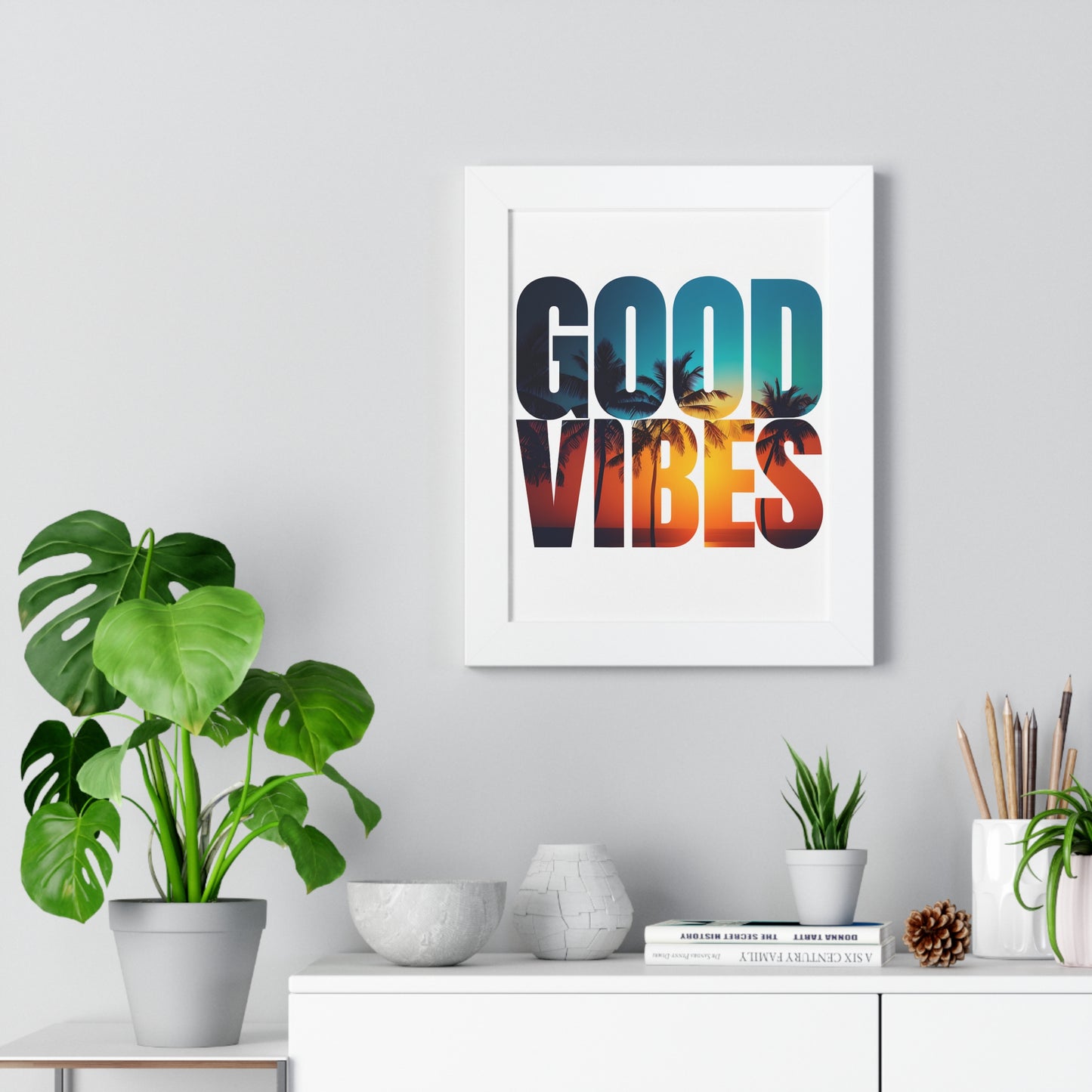 "Good Vibes" Tropical Sunset Framed Poster