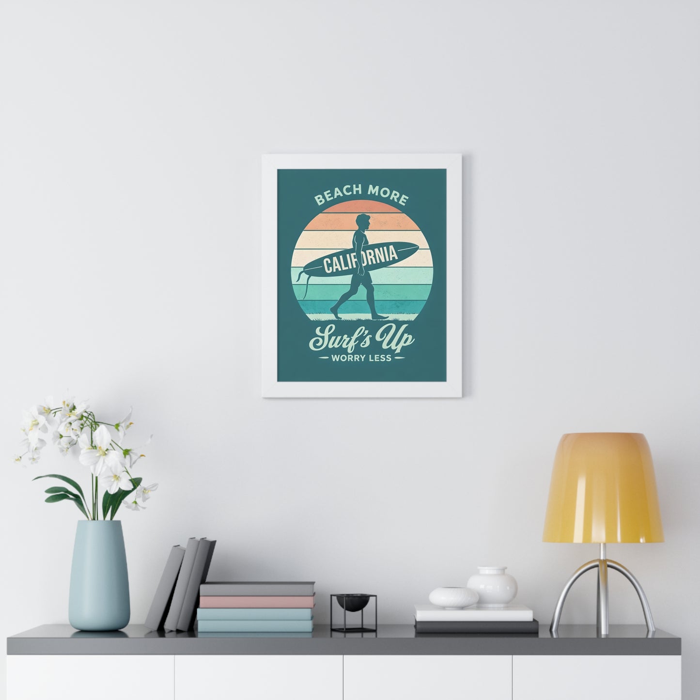 "Surf's Up, Worry Less" California Beach Art Framed Poster