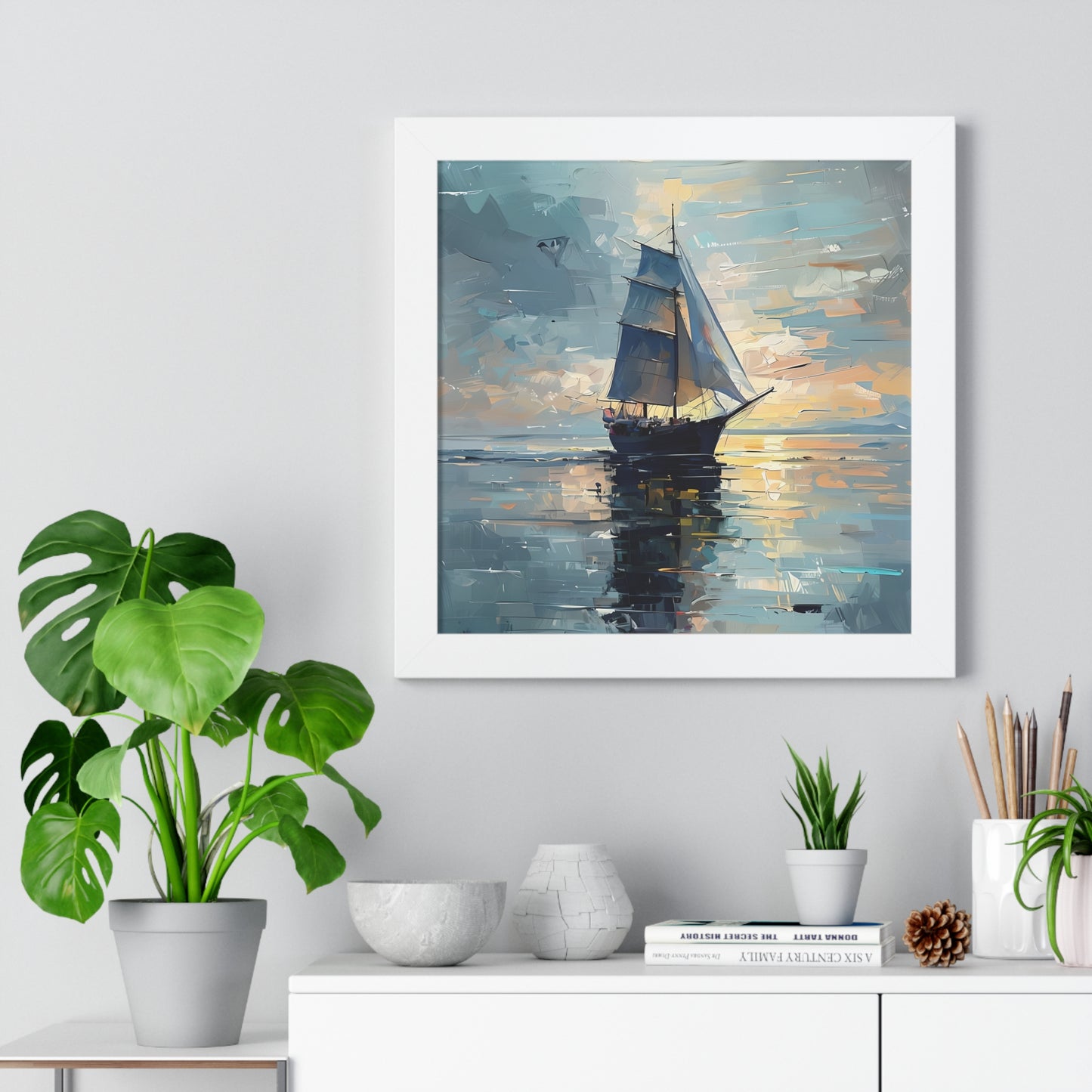 Single Sailboat Sunset Framed Poster