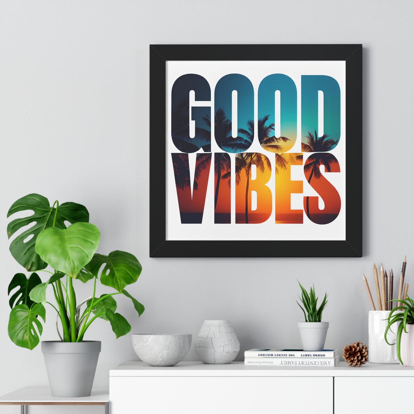 "Good Vibes" Tropical Sunset Framed Poster