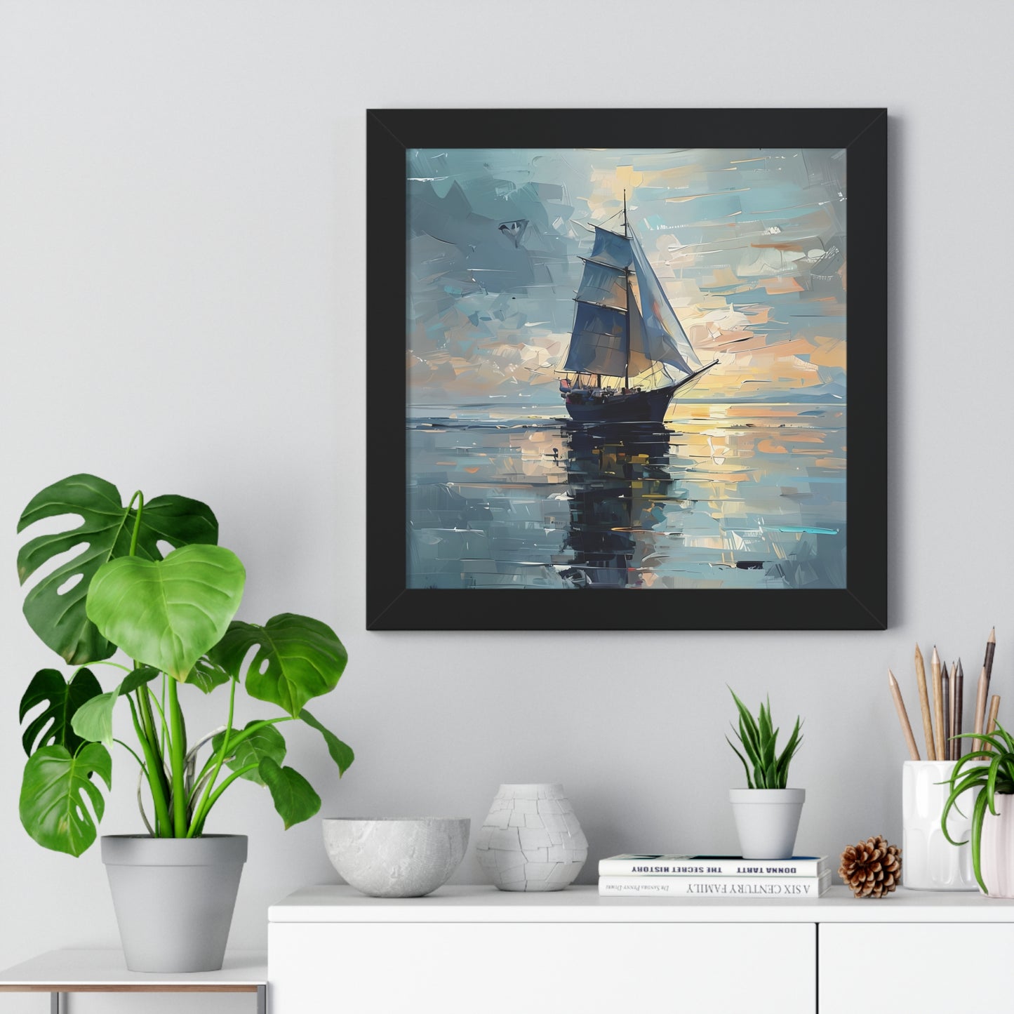 Single Sailboat Sunset Framed Poster