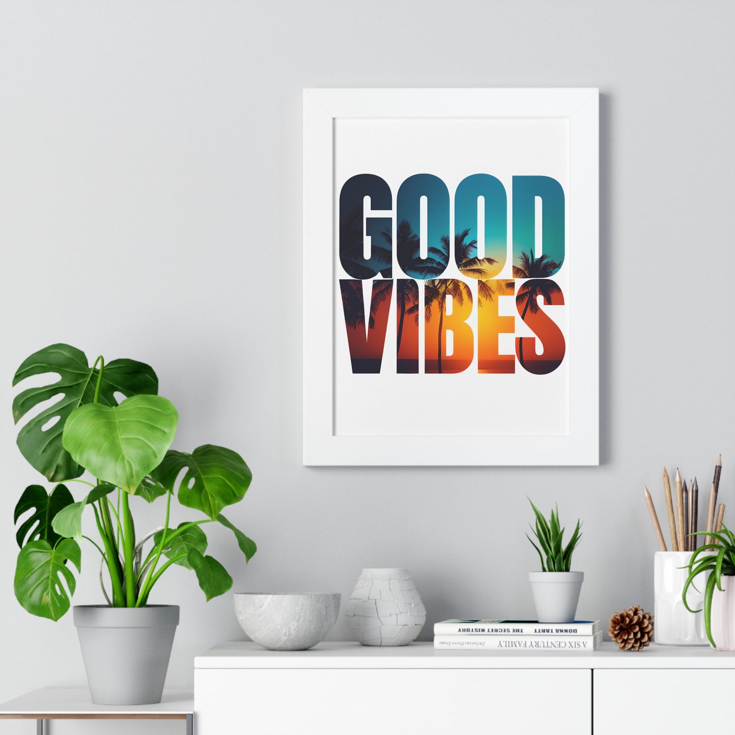 "Good Vibes" Tropical Sunset Framed Poster