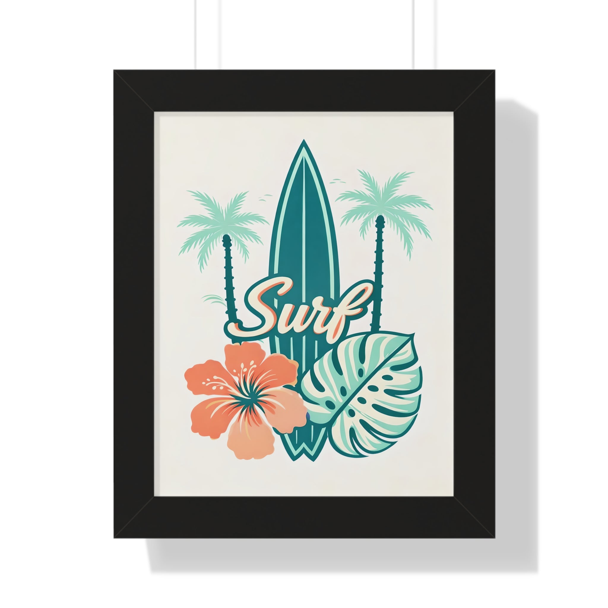 Surf Tropical Framed Poster — Retro Surfboard & Hibiscus Wall Art