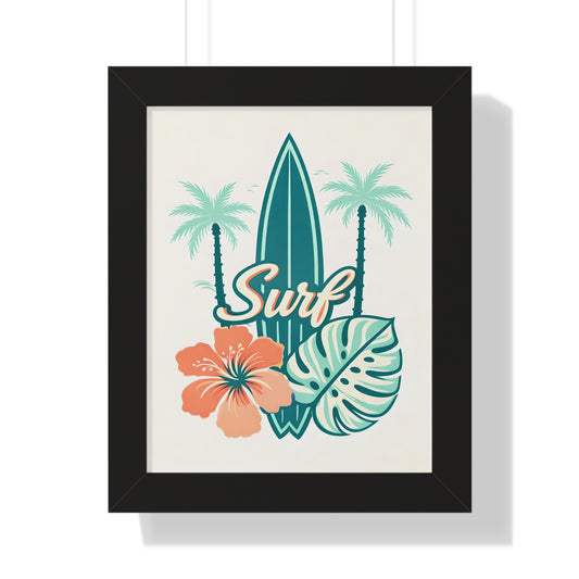 Surf Tropical Framed Poster — Retro Surfboard & Hibiscus Wall Art