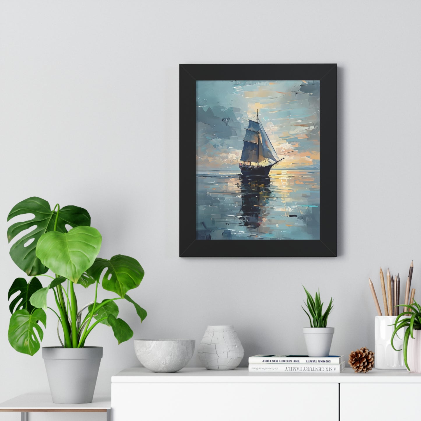 Single Sailboat Sunset Framed Poster