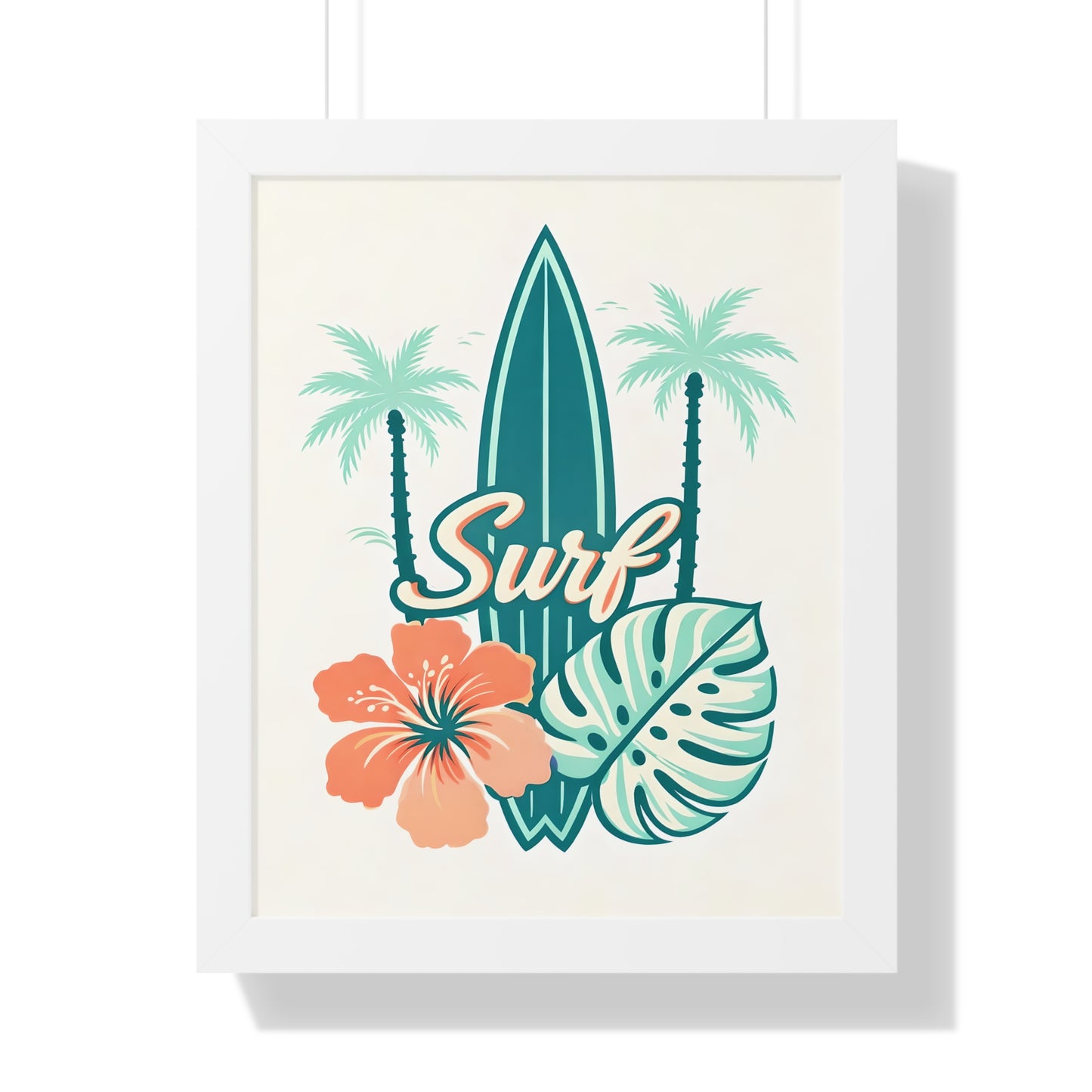 Surf Tropical Framed Poster — Retro Surfboard & Hibiscus Wall Art