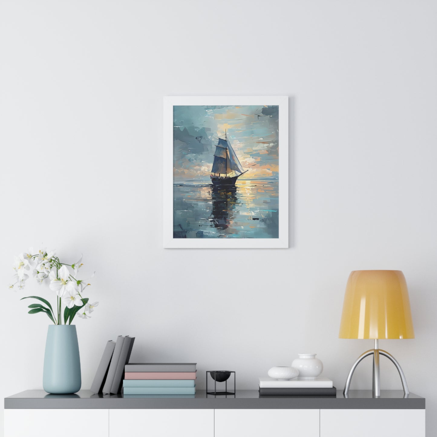 Single Sailboat Sunset Framed Poster