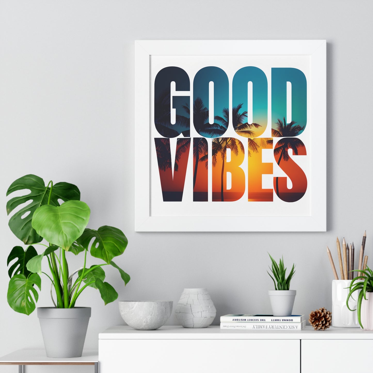 "Good Vibes" Tropical Sunset Framed Poster